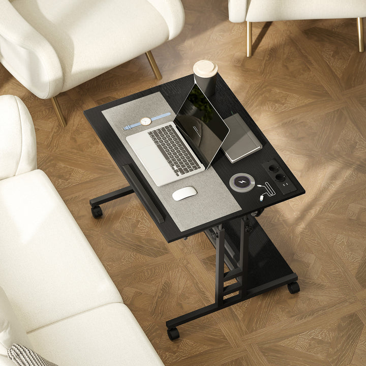 Secretária Elevatória com Rodas Tomadas Portas USB e Altura Ajustável 80x60 cm Secretária de Pé com Painel Central Inclinado e Prateleira Inferior de Arrumação, para Escritório Casa 80x60x59,5-95 cm Preto