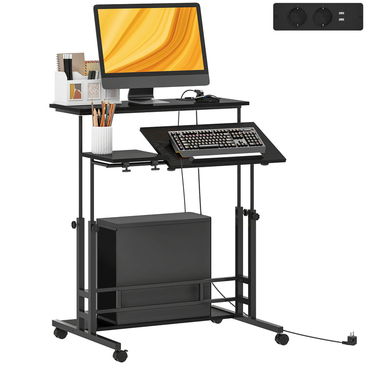 Secretária Elevatória com Rodas Tomadas Portas USB e Altura Ajustável 80x60 cm Secretária de Pé com Painel Central Inclinado e Prateleira Inferior de Arrumação, para Escritório Casa 80x60x59,5-95 cm Preto