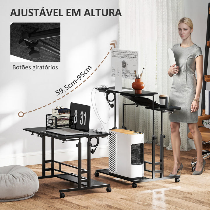 Secretária Elevatória com Rodas Tomadas Portas USB e Altura Ajustável 80x60 cm Secretária de Pé com Painel Central Inclinado e Prateleira Inferior de Arrumação, para Escritório Casa 80x60x59,5-95 cm Preto