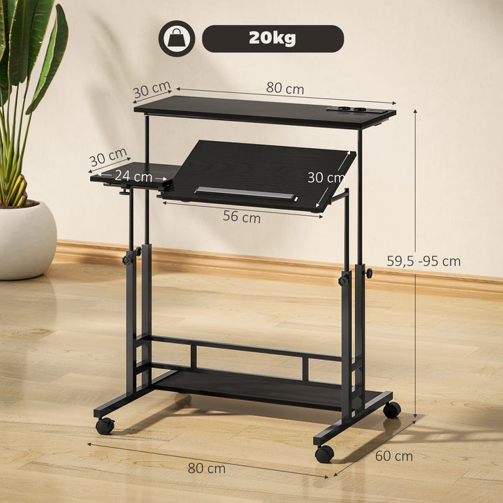 Secretária Elevatória com Rodas Tomadas Portas USB e Altura Ajustável 80x60 cm Secretária de Pé com Painel Central Inclinado e Prateleira Inferior de Arrumação, para Escritório Casa 80x60x59,5-95 cm Preto