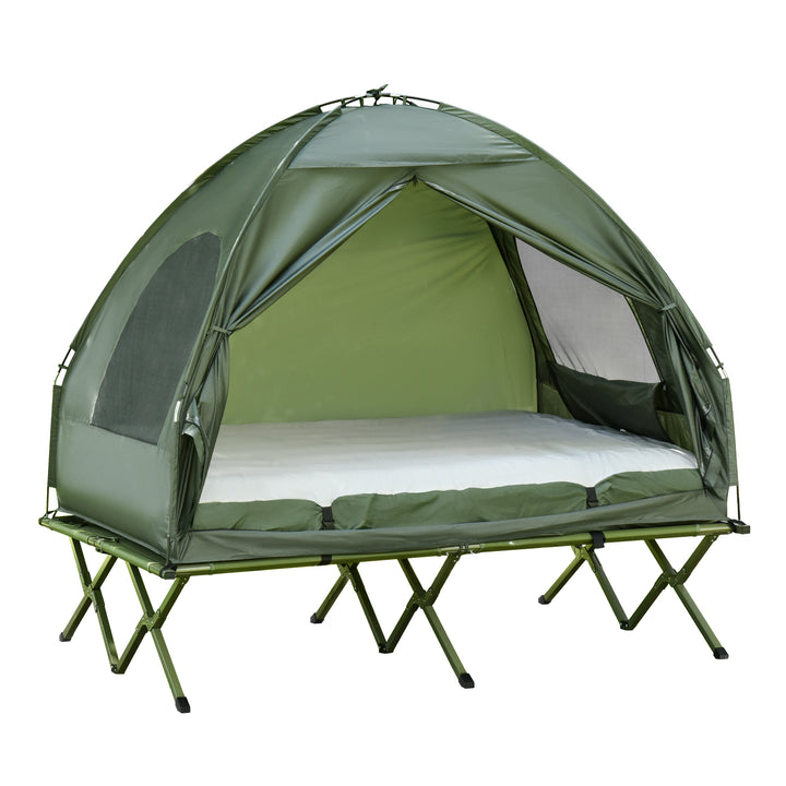 Cama Dupla de Campismo Dobrável com Tenda 2 em 1 Cama de Campismo Elevada com Colchão Inflável e Bolsa de Transporte Tecido Oxford Aço 193x145x180cm Verde