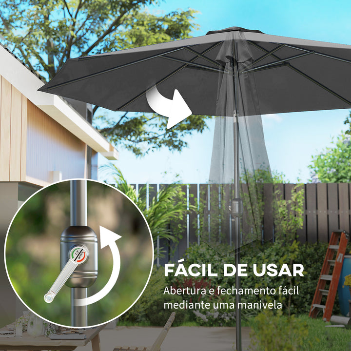 Guarda-sol grande jardim com manivela para abertura fácil e ângulo ajustável F300x245 cm Cinzento