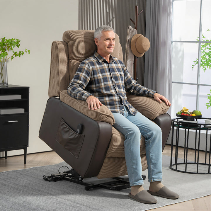 Poltrona Relax Reclinável Elétrica Levanta Pessoas, com Porta USB, Comando, Apoio para os Pés, Estofada em Veludo, Bolsos Laterais, Castanho