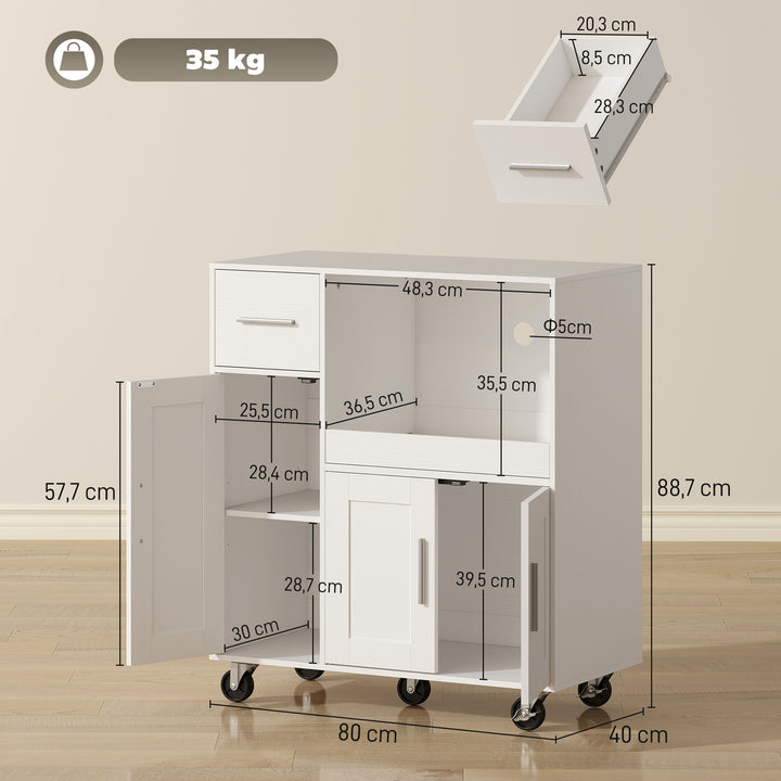 Móvel Auxiliar de Cozinha com Rodas Aparador de Cozinha para Microondas com Bandeja Deslizante Gaveta 3 Portas Prateleira Ajustável e Orifício para Cabos para Sala 80x40x88,7 cm Branco
