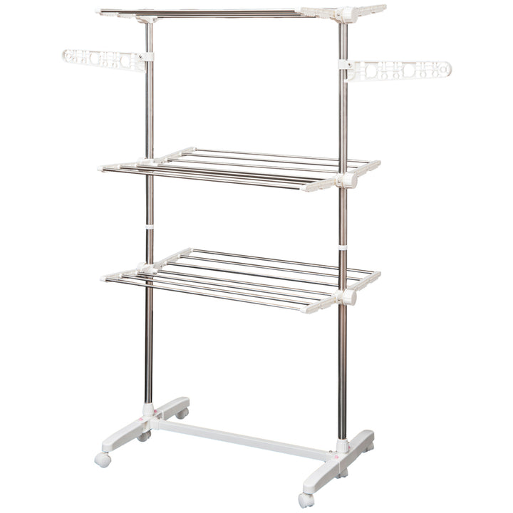 Estendal Roupa 6 Rodinhas 3 Níveis Prateleira Tubo Aço Lavandaria Estendal 80-142x55x152 cm