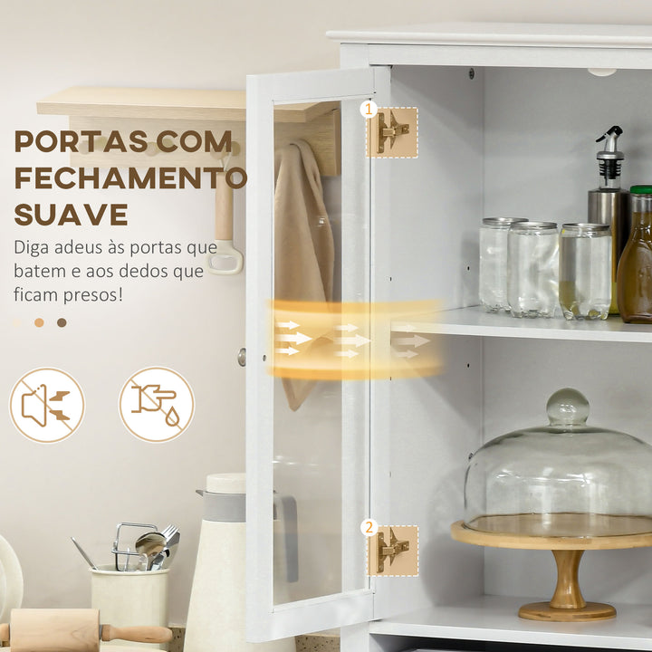 Armário de Cozinha Móvel Auxiliar com 4 Portas de Vidro Temperado Gaveta e Prateleiras Ajustáveis para Sala de Estar Sala de Jantar 74x35,5x181,5 cm Branco