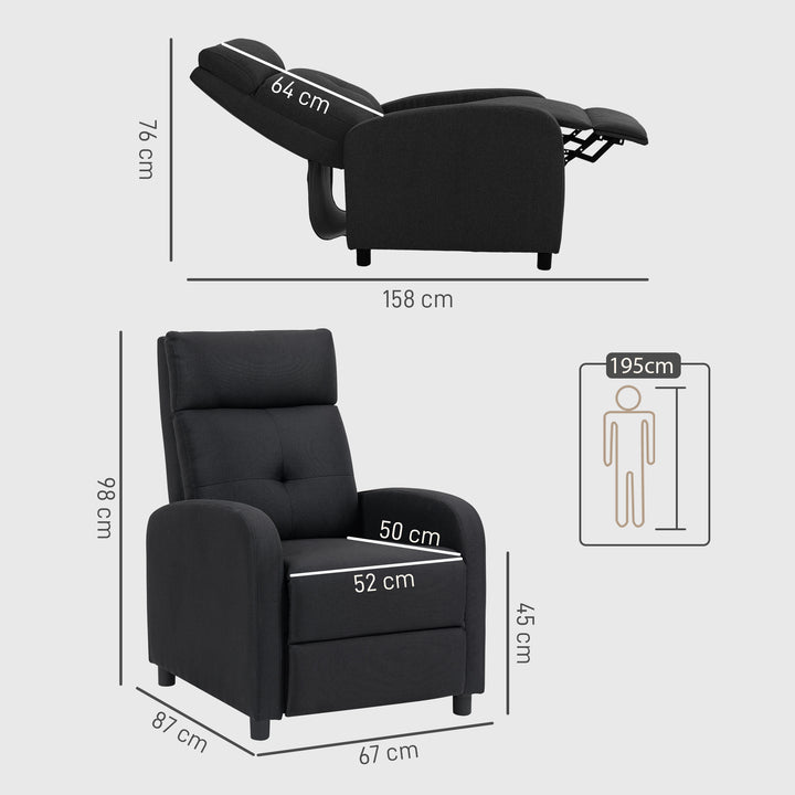 Poltrona Relax Reclinável até 155° Poltrona Reclinável Manual Estofado em Tecido Carga Máxima 150 kg para Pessoas com Altura Inferior 195 cm 67x87x98 cm Preto