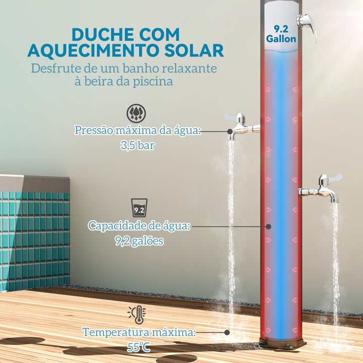 Duche de Jardim Solar 35 L Duche Solar Exterior com 2 Cabeçais Giratórios Torneiras para Pés e Água Quente Até 55 °C para Piscina Campismo Pátio 73x18x217 cm Preto