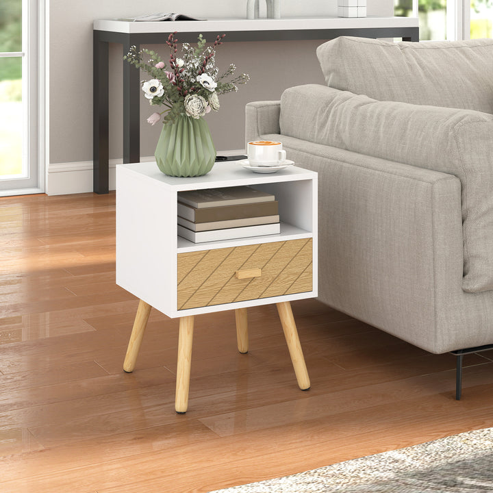Mesa de Cabeceira com Estação de Carregamento Gaveta 2 Tomadas AC Porta USB e Tipo-C Compartimento Aberto Pernas de Madeira para Sala Quarto 40x35x54,7 cm Branco