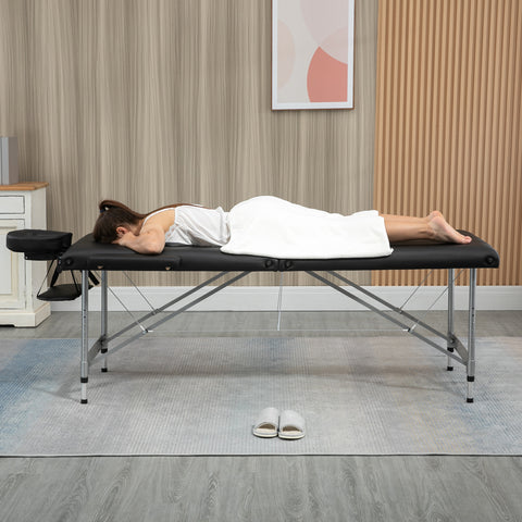 Marquesa Dobrável Mesa de Massagem Portátil com Altura Ajustável em 7 Posições Apoio para a Cabeça e Estrutura de Liga de Alumínio para Fisioterapia Carga 130kg 186x71x62-83cm Preto