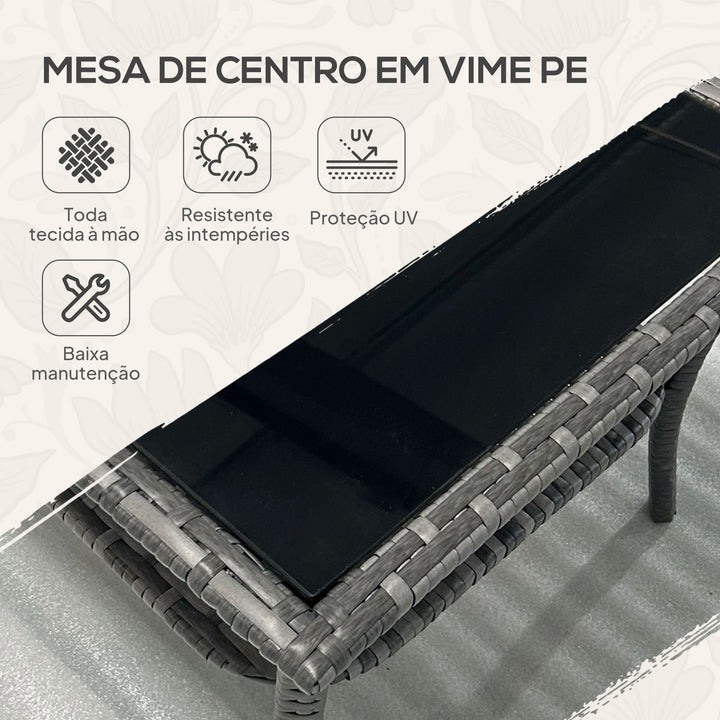 Mesa de Vime Quadrada 50x50x45 cm Mesa de Jardim e Prateleira Tampo de Vidro e Estrutura de Aço Suporta 30 kg para Terraço Pátio Cinzento