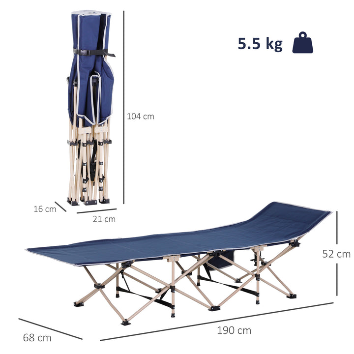Cama de Campismo Dobrável Cama de Campismo com 1 Bolso Lateral Bolsa de Transporte e Estrutura de Aço Carga Máxima 150 kg para Praia Trilha 190x68x52 cm Azul Escuro