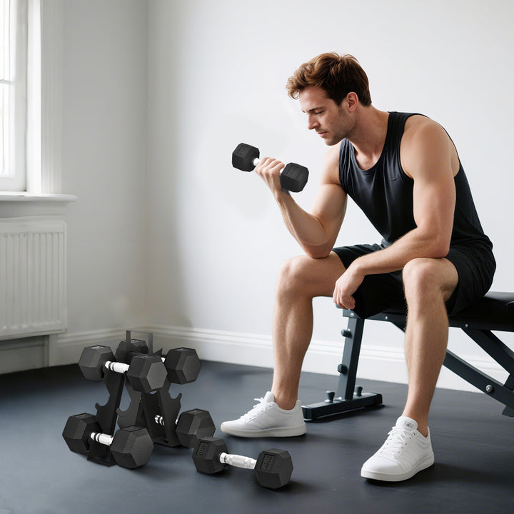 Conjunto de Halteres de 6 Peças 36 kg Halteres Hexagonais 2x4kg 2x6kg 2x8kg com Suporte de Armazenamento e Punho Antiderrapante para Treino em Casa ou Ginásio Preto