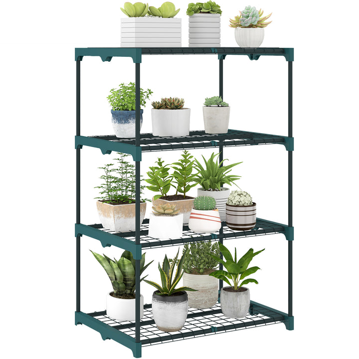 Suporte para Plantas de 4 Níveis Estante para Plantas em Aço Prateleiras de Grade Suporte para Vasos Interior e Exterior 67x49x105 cm Verde Escuro
