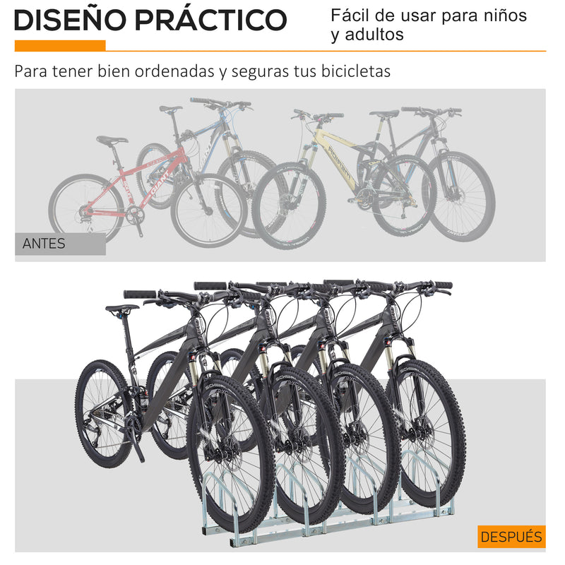 Estacionamento para 4 Bicicletas Suporte de Aço para Estacionar Bicicletas no Chão para Interior e Exterior 110x33x27 cm Prata