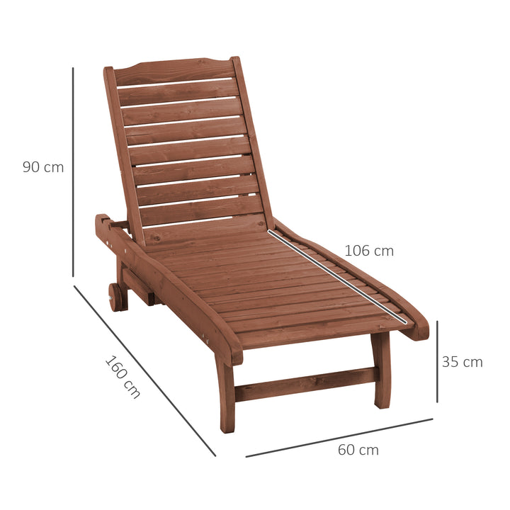 Espreguiçadeira de Madeira para Exterior Cadeira Reclinável de Jardim com 2 Rodas Encosto Ajustável em 3 Níveis e 1 Tabuleiro Capacidade 113 kg para Terraço Pátio 182x60x35 cm Natural