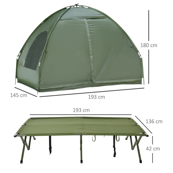 Cama Dupla de Campismo Dobrável com Tenda 2 em 1 Cama de Campismo Elevada com Colchão Inflável e Bolsa de Transporte Tecido Oxford Aço 193x145x180cm Verde