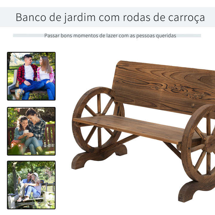Banco de Jardim de Madeira Banco de Exterior com Apoio para os Braços e 2 Rodas Decorativas Estilo Rústico Carga 250 kg para Pátio Varanda 114x58x80 cm Marrom Carbonizado