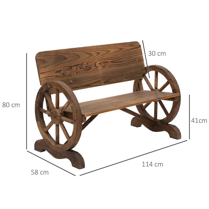 Banco de Jardim de Madeira Banco de Exterior com Apoio para os Braços e 2 Rodas Decorativas Estilo Rústico Carga 250 kg para Pátio Varanda 114x58x80 cm Marrom Carbonizado