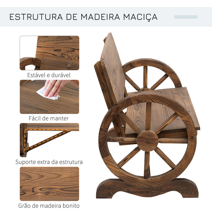 Banco de Jardim de Madeira Banco de Exterior com Apoio para os Braços e 2 Rodas Decorativas Estilo Rústico Carga 250 kg para Pátio Varanda 114x58x80 cm Marrom Carbonizado