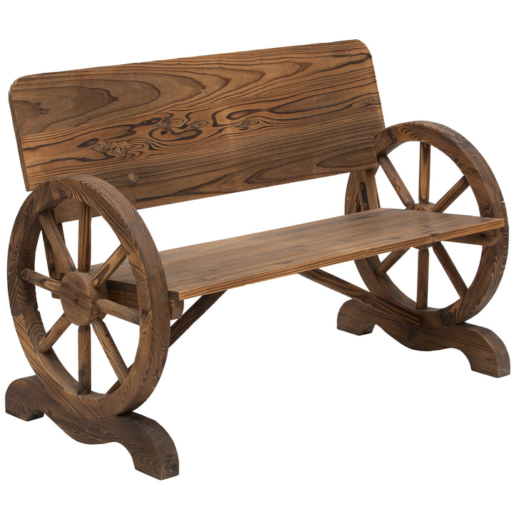 Banco de Jardim de Madeira Banco de Exterior com Apoio para os Braços e 2 Rodas Decorativas Estilo Rústico Carga 250 kg para Pátio Varanda 114x58x80 cm Marrom Carbonizado