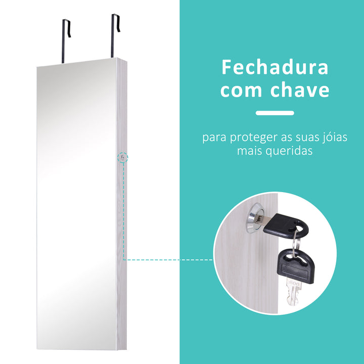 Espelho joalheiro Pingente de parede ou porta com LED 5 prateleiras 2 gavetas pequenas Espelho armário montado com fechadura 37x120x10cm