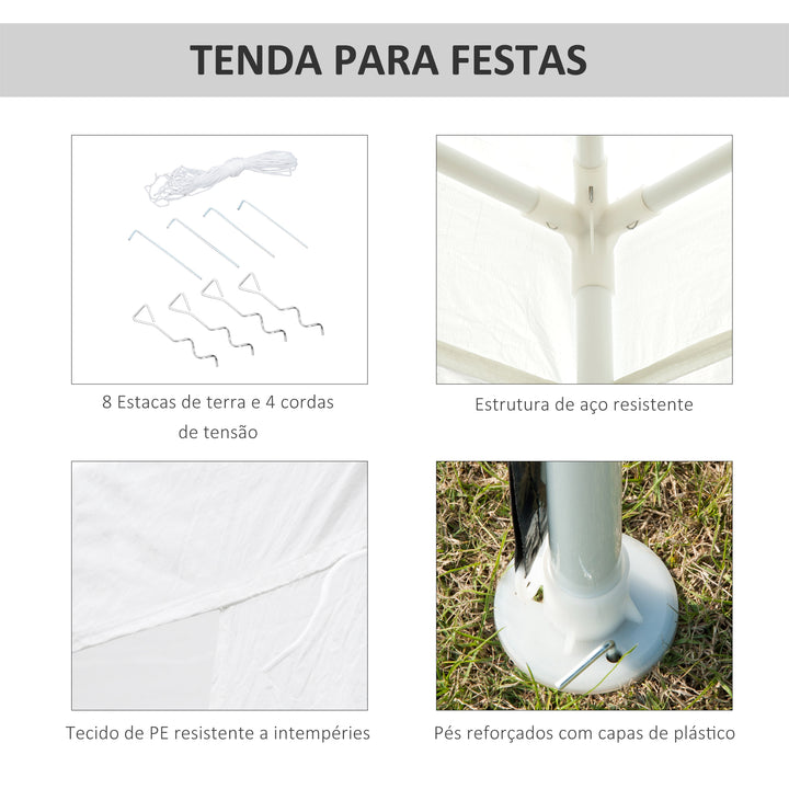Tenda de Jardim Desmontável 293x293 cm Tenda para Exteriores com 4 Orifícios de Drenagem e Tubo de Aço para Casamentos Campismo Festas Branco