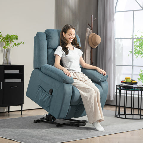 Poltrona Relax Reclinável Elétrica Poltrona Levanta Pessoas com Controlo Remoto Apoio para os Pés e Bolsos Laterais Poltrona Elevatória para Sala de Estar Dormitório 92x94x105 cm Azul