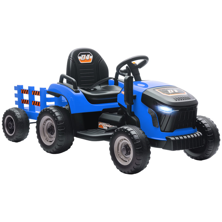 Trator Elétrico para Crianças com Reboque Desmontável Bateria 12V Velocidade 3-5 km/h Controle Remoto 2,4G Música Buzina para Crianças de 3-8 Anos 139x58x55 cm Azul