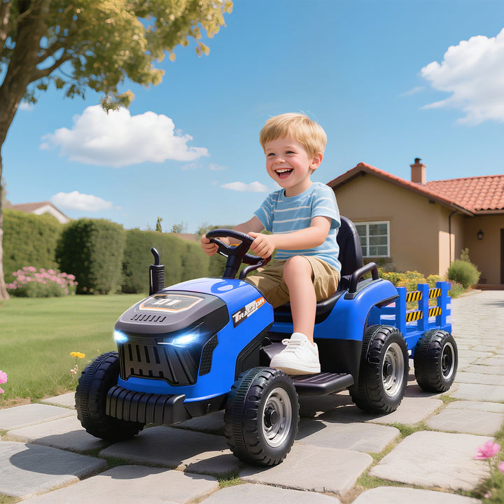 Trator Elétrico para Crianças com Reboque Desmontável Bateria 12V Velocidade 3-5 km/h Controle Remoto 2,4G Música Buzina para Crianças de 3-8 Anos 139x58x55 cm Azul