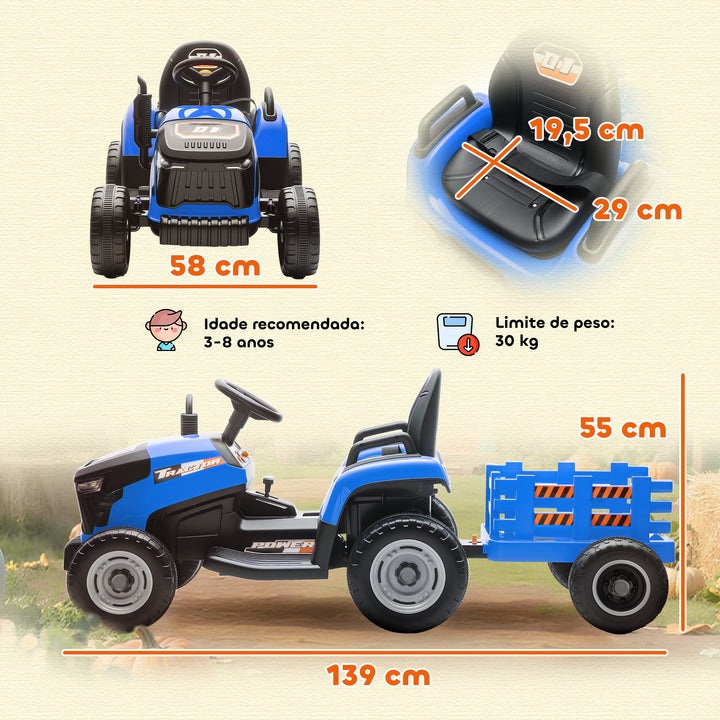 Trator Elétrico para Crianças com Reboque Desmontável Bateria 12V Velocidade 3-5 km/h Controle Remoto 2,4G Música Buzina para Crianças de 3-8 Anos 139x58x55 cm Azul