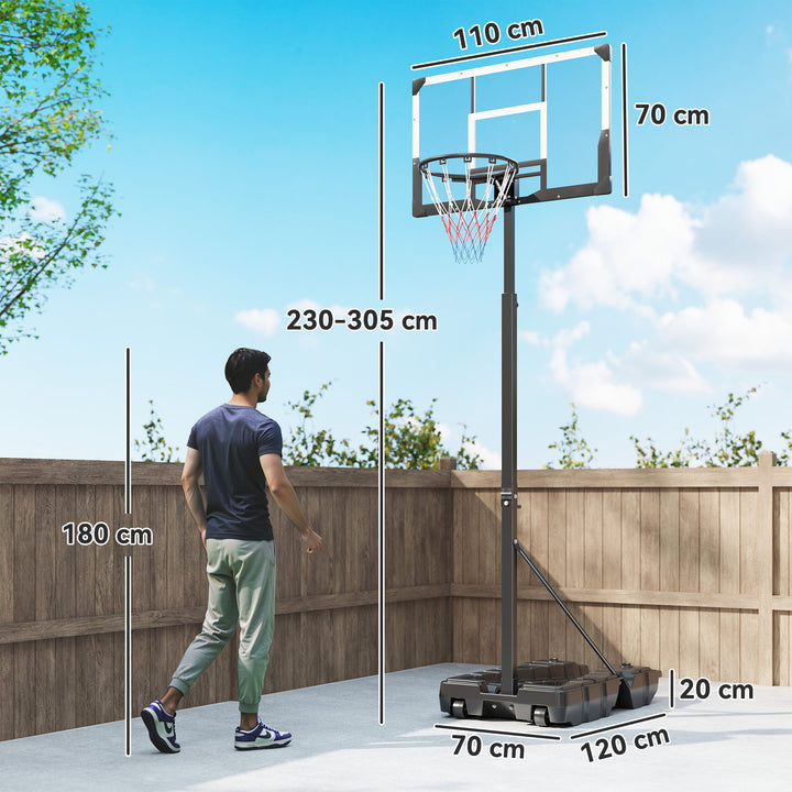 Tabela de Basquetebol para Exterior com Altura Ajustável 230-305 cm Portátil com Estrutura Dobrável Painel Inquebrável Rodas e Base Preenchível para Adolescentes e Adultos 120x70x300-375 cm Preto