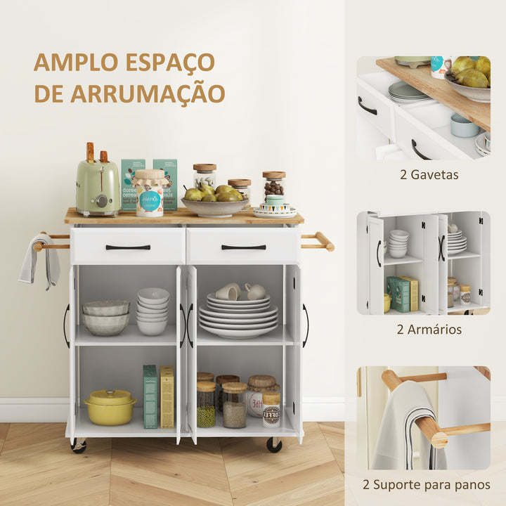 Ilha de Cozinha Carrinho de Cozinha Móvel Auxiliar de Jantar com Rodas 4 Portas 2 Gavetas Toalheiros e Prateleiras Ajustáveis 111x44,5x90,5 cm Branco e Carvalho