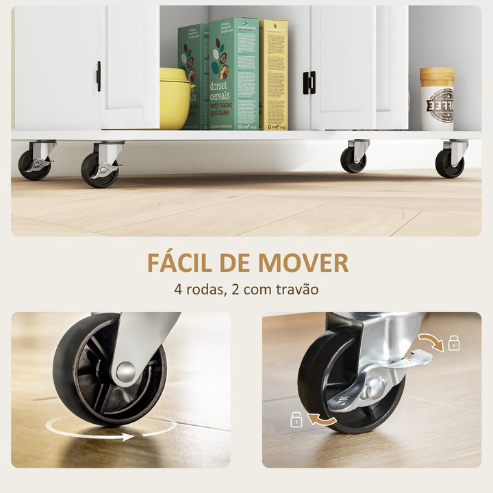 Ilha de Cozinha Carrinho de Cozinha Móvel Auxiliar de Jantar com Rodas 4 Portas 2 Gavetas Toalheiros e Prateleiras Ajustáveis 111x44,5x90,5 cm Branco e Carvalho