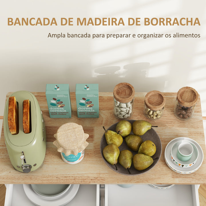 Ilha de Cozinha Carrinho de Cozinha Móvel Auxiliar de Jantar com Rodas 4 Portas 2 Gavetas Toalheiros e Prateleiras Ajustáveis 111x44,5x90,5 cm Branco e Carvalho