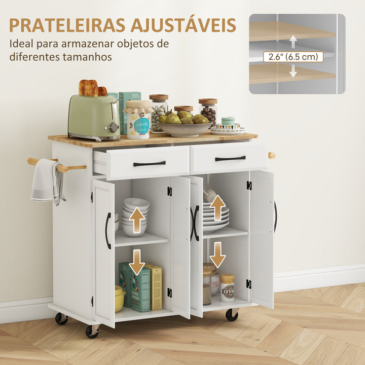 Ilha de Cozinha Carrinho de Cozinha Móvel Auxiliar de Jantar com Rodas 4 Portas 2 Gavetas Toalheiros e Prateleiras Ajustáveis 111x44,5x90,5 cm Branco e Carvalho