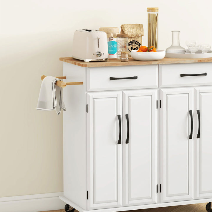 Ilha de Cozinha Carrinho de Cozinha Móvel Auxiliar de Jantar com Rodas 4 Portas 2 Gavetas Toalheiros e Prateleiras Ajustáveis 111x44,5x90,5 cm Branco e Carvalho