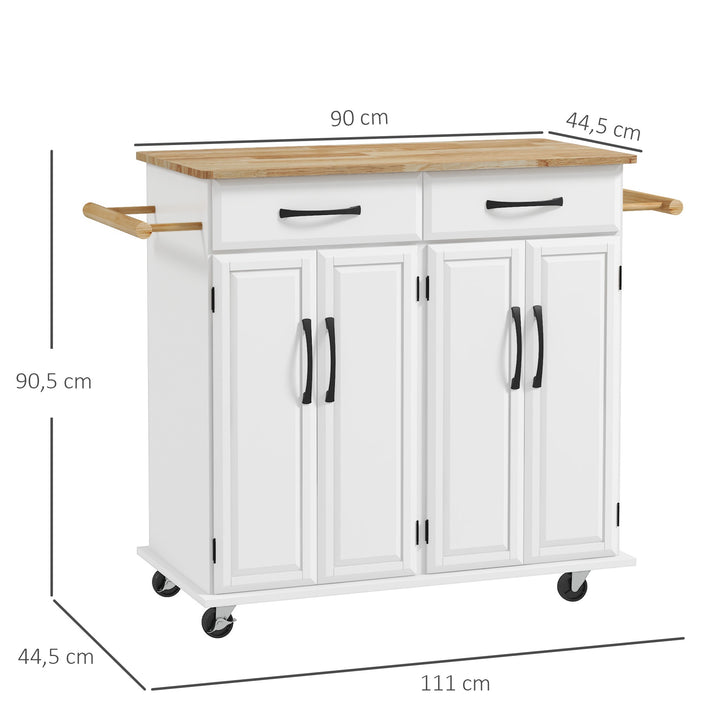 Ilha de Cozinha Carrinho de Cozinha Móvel Auxiliar de Jantar com Rodas 4 Portas 2 Gavetas Toalheiros e Prateleiras Ajustáveis 111x44,5x90,5 cm Branco e Carvalho