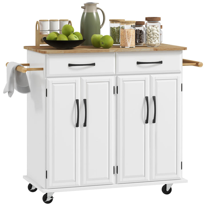 Ilha de Cozinha Carrinho de Cozinha Móvel Auxiliar de Jantar com Rodas 4 Portas 2 Gavetas Toalheiros e Prateleiras Ajustáveis 111x44,5x90,5 cm Branco e Carvalho