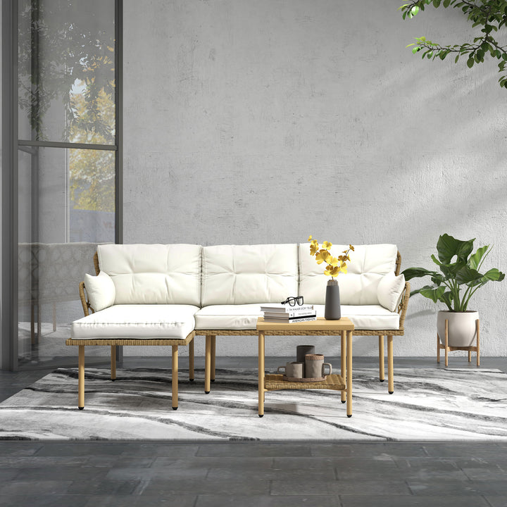 Conjunto de Jardim de 3 Peças em Vime Sintético Móveis de Jardim com 1 Sofá de 2 Lugares 1 Sofá de Canto e 1 Mesa de Centro Metálica para Pátio Natural e Creme