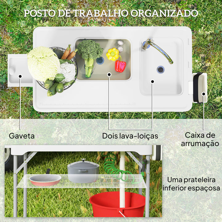 Mesa para Campismo Dobrável Mesa Mesa com 2 Lavatórios Mangueira de Drenagem Estação de Limpeza para Pesca Exterior 108x58x92 cm Branco
