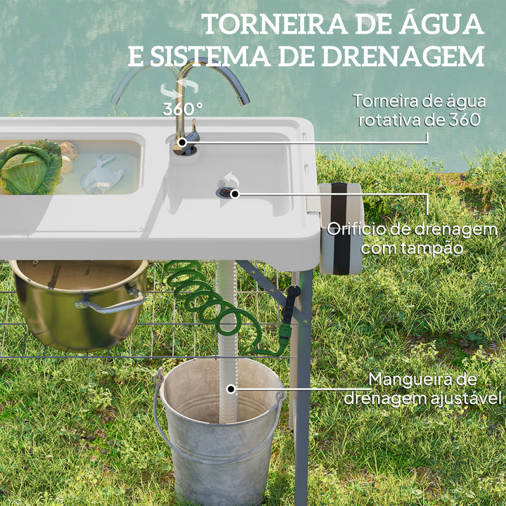Mesa para Campismo Dobrável Mesa Mesa com 2 Lavatórios Mangueira de Drenagem Estação de Limpeza para Pesca Exterior 108x58x92 cm Branco