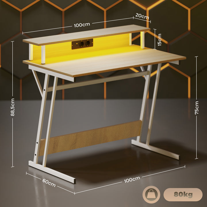 Secretária Gaming com Luzes LED 100x60x88,5 cm Mesa Gaming com Tomadas de Corrente Suporte para Monitor Prateleiras e Controlo Remoto para Escritório Estúdio Madeira
