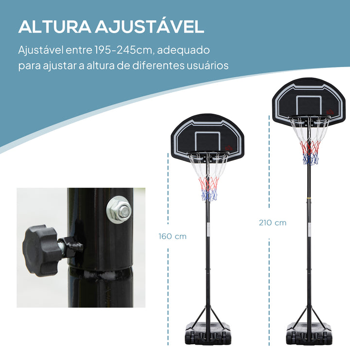 Tabela de Basquetebol para Exterior Altura Ajustável 160-210 cm Tabela Portátil com P Rodas e Base Preenchível com Compartimento para Adolescentes e Adultos