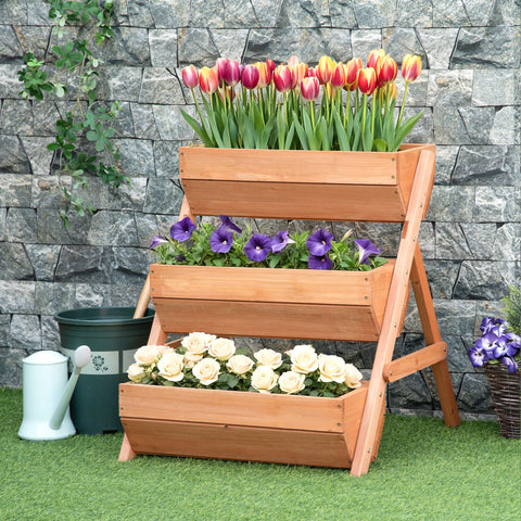 Floreira de Madeira de 3 Níveis Floreira Elevada de Exterior com Orifícios de Drenagem Ideal para Plantas e Flores Terraço ou Jardim 65x75x76 cm Castanho