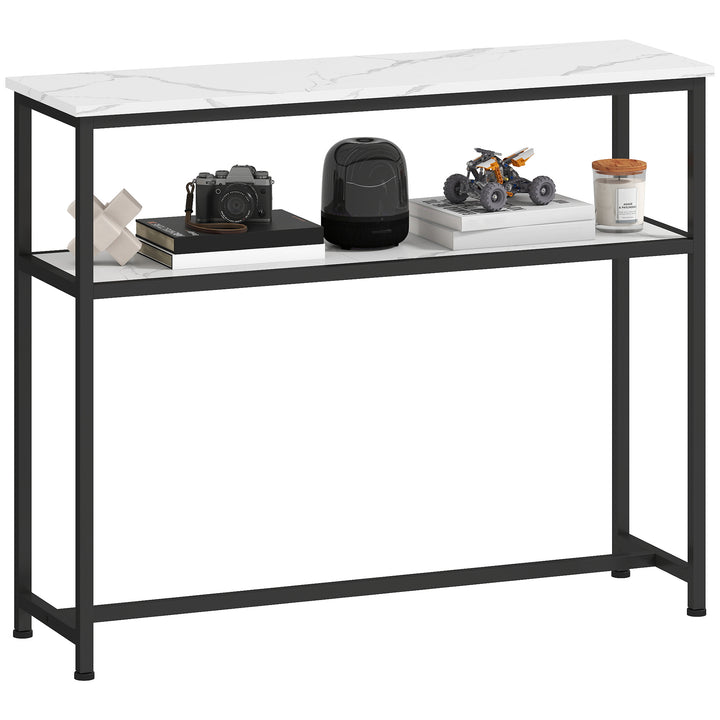 Mesa Consola Moderna Consola Estreita com Superfície com Efeito Mármore Prateleira Aberta e Estrutura de Metal Consola de Sofá para Entrada Sala de Estar 100x30x81 cm Branco