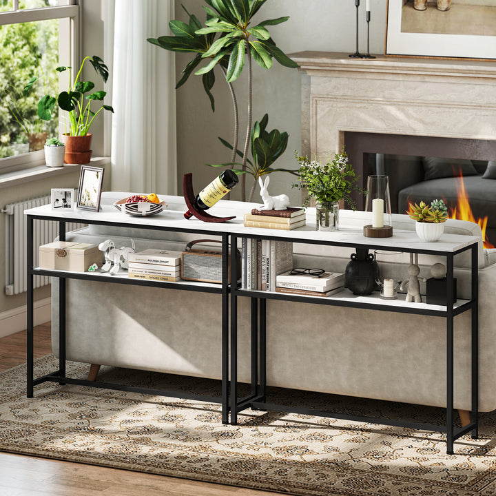 Mesa Consola Moderna Consola Estreita com Superfície com Efeito Mármore Prateleira Aberta e Estrutura de Metal Consola de Sofá para Entrada Sala de Estar 100x30x81 cm Branco