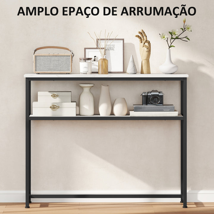 Mesa Consola Moderna Consola Estreita com Superfície com Efeito Mármore Prateleira Aberta e Estrutura de Metal Consola de Sofá para Entrada Sala de Estar 100x30x81 cm Branco