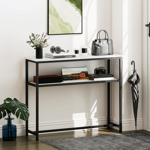 Mesa Consola Moderna Consola Estreita com Superfície com Efeito Mármore Prateleira Aberta e Estrutura de Metal Consola de Sofá para Entrada Sala de Estar 100x30x81 cm Branco