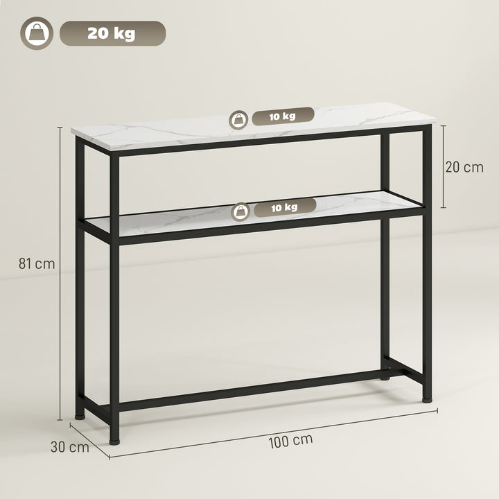 Mesa Consola Moderna Consola Estreita com Superfície com Efeito Mármore Prateleira Aberta e Estrutura de Metal Consola de Sofá para Entrada Sala de Estar 100x30x81 cm Branco